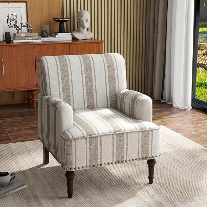 UIXE Stripe Accent Chair, Modern Upholstered Armchair in Fabric for Living Room, Nailhead Trim Club Arm Chair Comfy Single Sofa Bedroom Reading Seat with Wood Legs - Brown