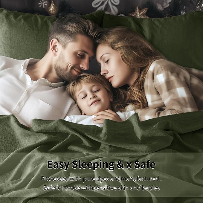 LBRO2M 100% Linen Sheet Set 16" Deep Pocket King Size,Bed Sheets 4 Piece Sets,Solid Color Natural Flax Bed Sheets Soft Breathable Bedding, All Season (King, Olive Green)