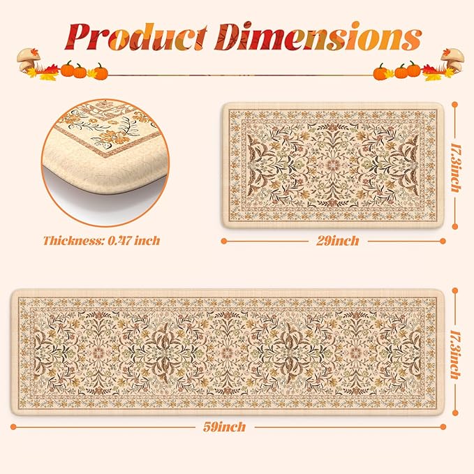 Collive Anti Fatigue Mats for Kitchen Floor, Cushioned Fall Kitchen Mat Comfort Waterproof Padded Sink Rugs Non Slip, Boho Orange Floral Standing Rug for Office, Autumn Home Decor, 17"x29"+17"x59"