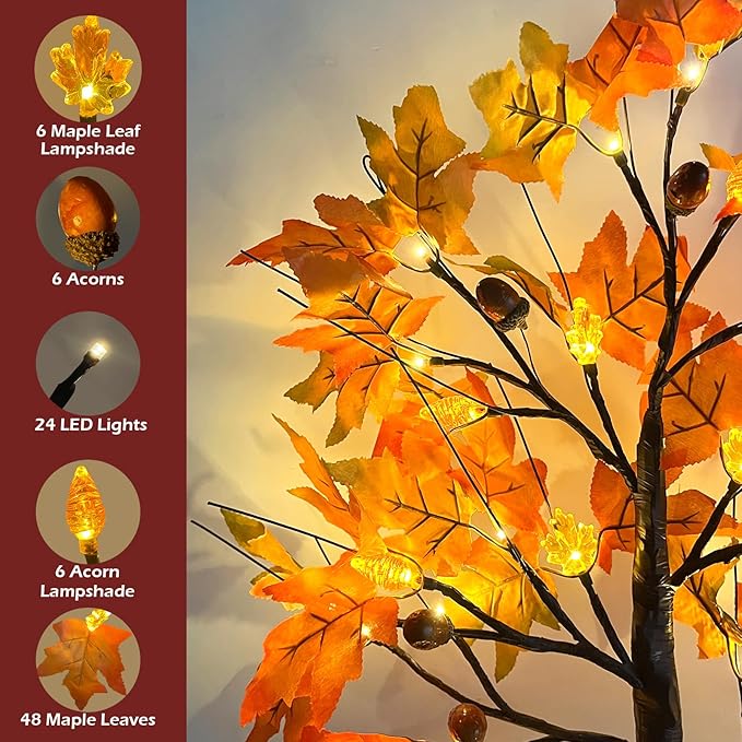 2 Pack 24 Inch Prelit Fall Maple Tree with 48 LED Lights Timer Battery Operated Light Up Acorn Maple Tree for Fall Autumn Thanksgiving Artificial Home Indoor Halloween Decor