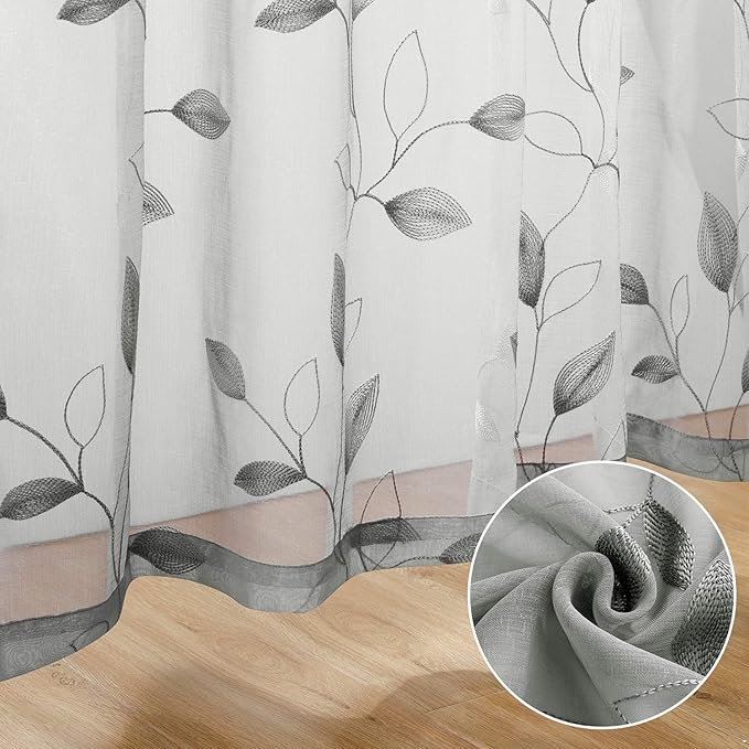 HOMEIDEAS Grey/Gray Sheer Kitchen Curtains 52 x 54 Inch Length 2 Panels Embroidered Leaf Pattern Short Curtains for Bedroom Half Small Window Rod Pocket Tiers