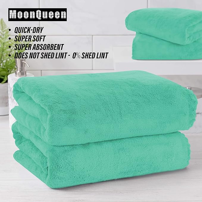 MOONQUEEN 2 Pack Premium Bath Towel Set - Quick Drying - Microfiber Coral Velvet Highly Absorbent Towels - Multipurpose Use as Bath Fitness, Bathroom, Shower, Sports, Yoga Towel (Aqua Green)