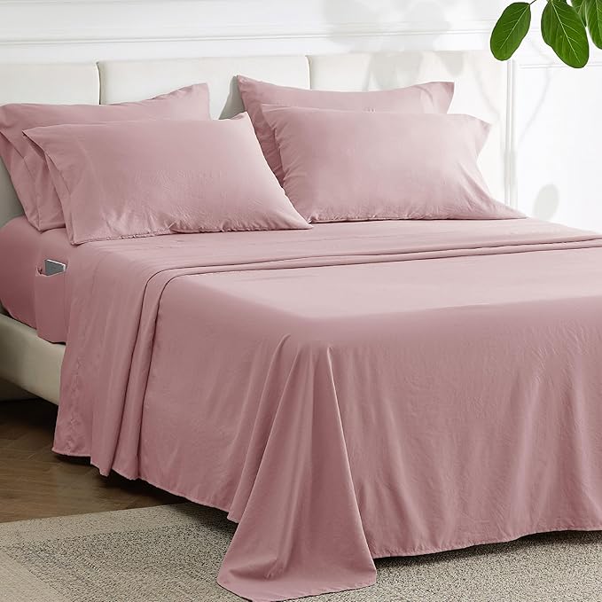 Bedsure Deep Pocket Queen Sheets - 6 Piece, Prewashed Ultra-Soft Queen Sheet Set, Fits Mattresses Up to 18 Inches Thick, Breathable & Secure Fit, Hotel Luxury Bedding, Light Pink