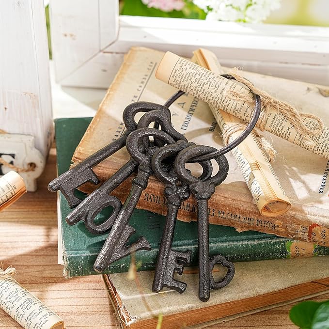 Sungmor Vintage Cast Iron Decorative Keys - Rustic Key Wall Decor, Farmhouse Metal Key Ring Accent - LOVE Word Design with Antique Skeleton Keys, Gift for Home & Garden, Halloween Prop