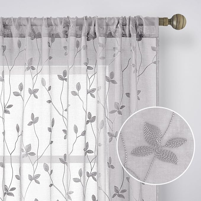 HOMEIDEAS Light Grey Sheer Curtains 52 X 84 Inches Length 2 Panels Embroidered Vine Floral Pattern Pocket Faux Linen Semi Sheer Voile Window Drapes for Bedroom Living Room