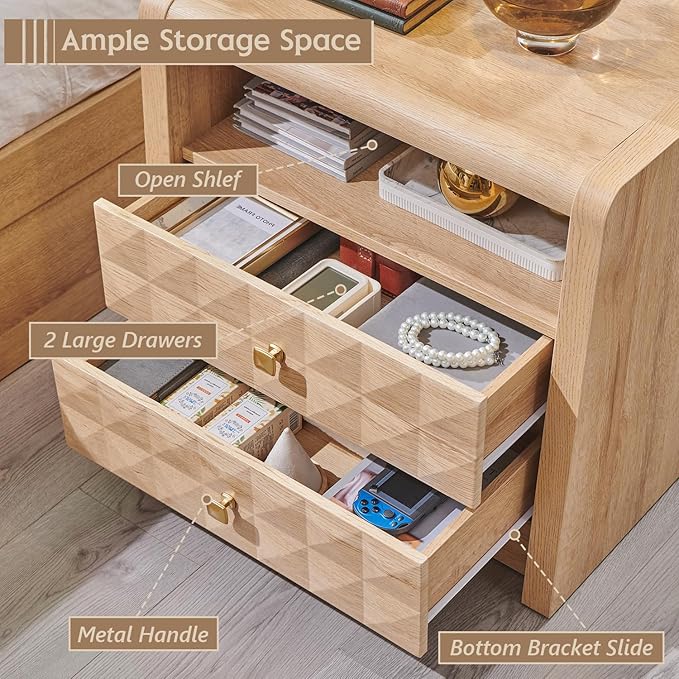 Modern Night Stand Set 2, 23.62" Wide Wood Side Table w/2 Storage Drawers &Open Shelf &Charging Station, Mid Century Modern Bedside w/Diamond Panel Decorate for Bedroom, Curved Profile Design, Natural