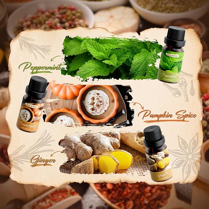 SALKING Spice Essential Oils, Premium Fragrance Oil for Diffuser, Scented Oil Gift Set for Soap Candle Making - Cinnamon, Clove, Vanilla, Pumpkin Spice, Peppermint, Ginger