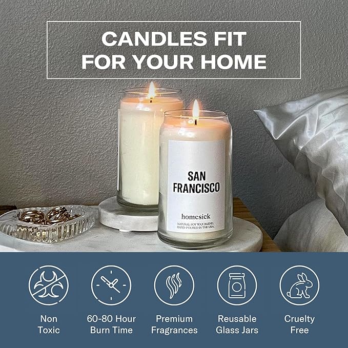 Homesick Scented Candles for Home (San Francisco) - 13.75 oz Long-Lasting Soy Wax Jar Candle for Women & Men for All Occasions, 60-80 Hours Burn Time - Notes of Coffee & Chocolate