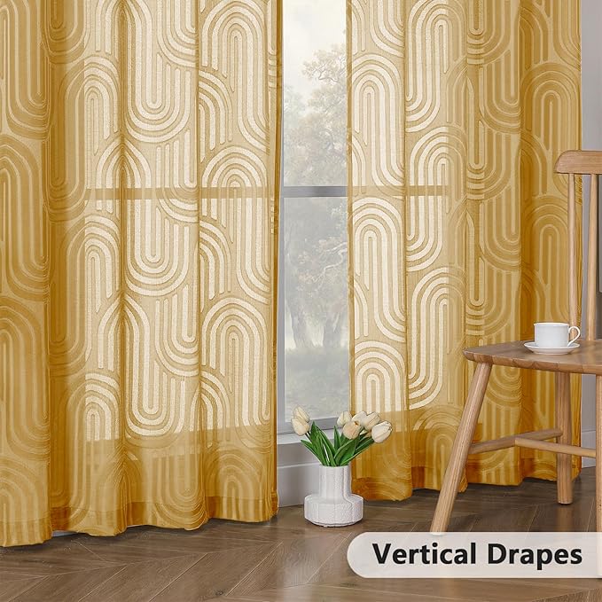Simplebrand Sheer Gold Curtains 72 Inches Long 2 Panels for Window, Geometric Mid Century Light Filtering Semi Sheer Curtains for Front Back Patio Glass Door with Rod Pocket, 42" Wx72 L