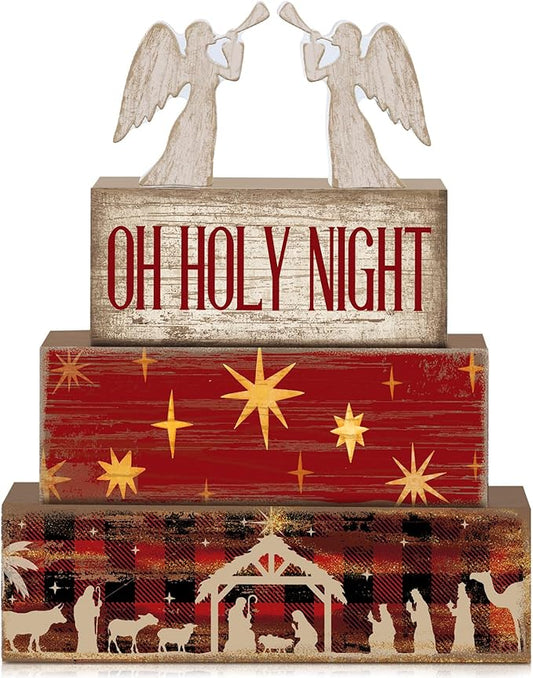 4 Pcs Wooden Christmas Nativity Tiered Tray Decor Rustic Wood Angel Block Sign Gift Kitchen Centerpiece Nativity Scene Table Decor (Jesus)