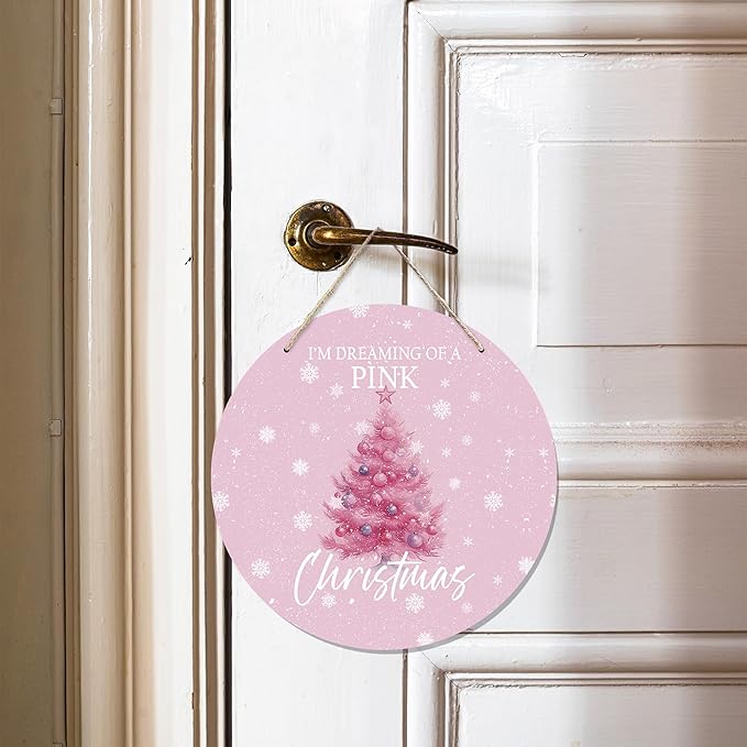 CGBHW Pink Christmas Tree Wooden Sign, Winter Holiday Theme Hanging Sign Wall Decor for Girls Room Home College, Aesthetic Christmas Xmas Snowflake Door Decor 12 x 6 Inch
