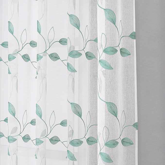 Tollpiz Teal Blue Leaf Sheer Curtain Leaves Embroidered Bedroom Curtains Rod Pocket Voile Window Treatment for Living Room, 54 x 95 inches Long, Set of 2 Panels