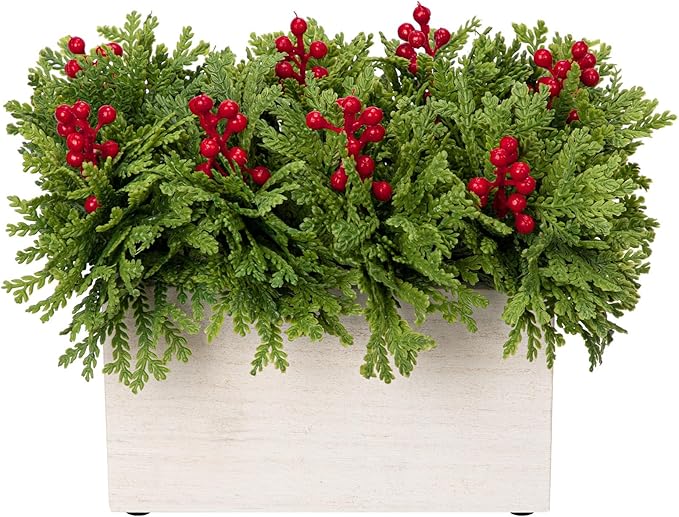 DILATATA Christmas Centerpieces 8 Inch Artificial Christmas Plant in Rectangular Wooden Pot Tabletop Pine Plants with Red Berries Cedar Leaves for Winter Holiday Party Fireplace Mantel Xmas Decor