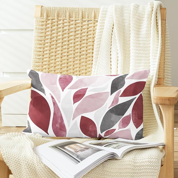CaliTime Throw Pillow Cases Pack of 2 Cozy Fleece Falling Dahlia Floral Flowers Petals Decorative Cushion Covers for Couch Bed Sofa Farmhouse Decoration 12 X 20 Inches Burgundy Pink Grey