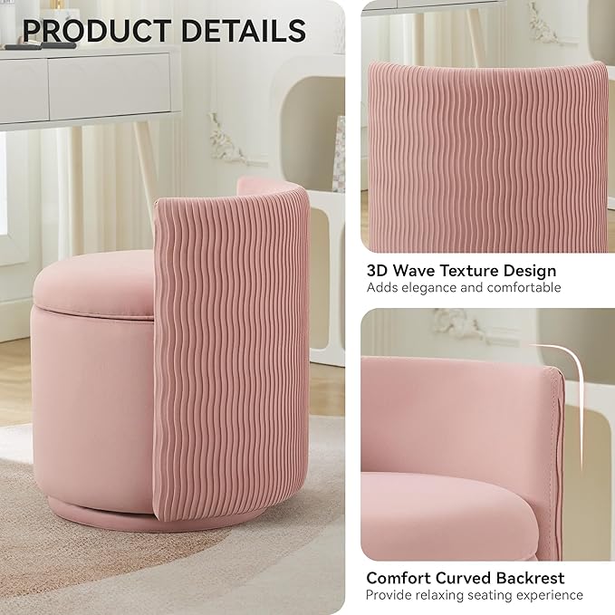 Velvet Vanity Chair with Storage, 360° Swivel Makeup Chair with Wave Back, No Assembly Small Accent Stool for Bedroom, Dressing, Living Room, Pink