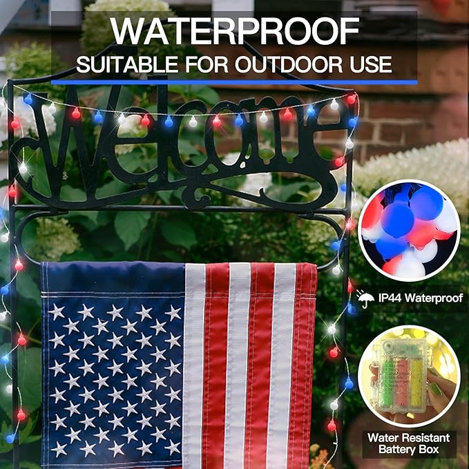 suddus Fairy Lights, 50 Led Battery Powered String Lights, Globe String Lights for Flag, Backyard, Patio, Garden, Party, Bedroom, Living Room, Classroom, Christmas, Red White and Blue
