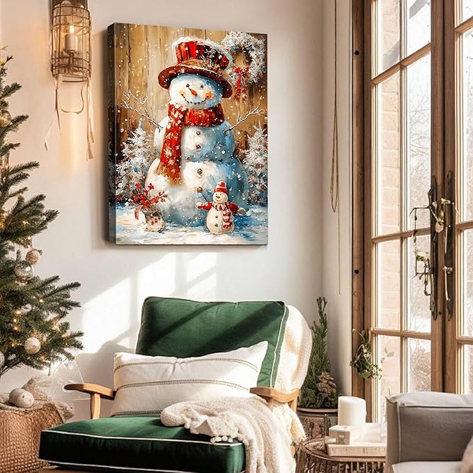 Vintage Snowman Christmas Canvas Wall Art, Framed Rustic Christmas Print Picture for Living Room Bedroom Decor, Ideal Christmas Wall Art Decorations and Holiday Gifts