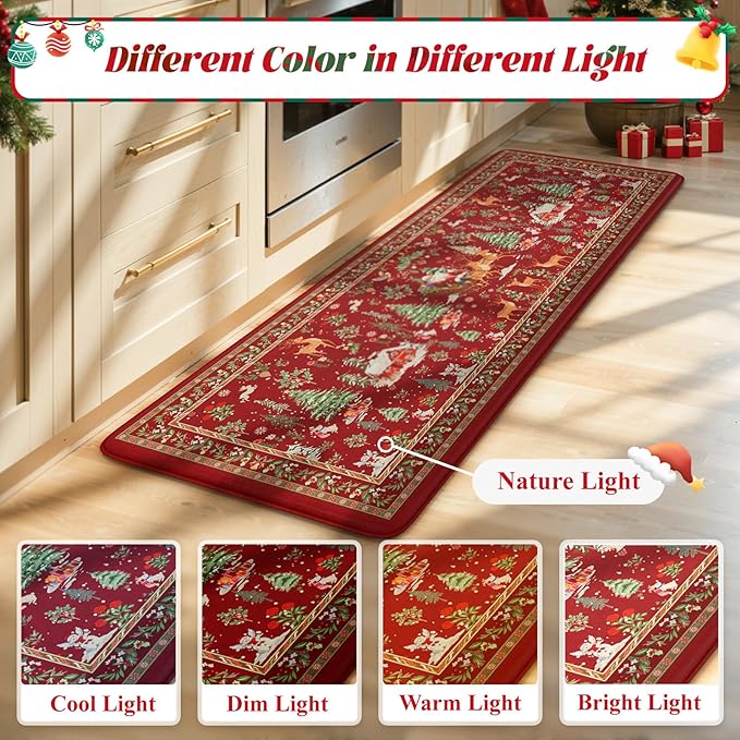 Collive Christmas Snowman Kitchen Floor Mats, Red Winter Xmas Tree Cushioned Anti Fatigue Kitchen Rugs 2 Piece Waterproof Elk Sled Sink Mat, Non Slip Foam Comfort Standing Desk Rug for Home Decor
