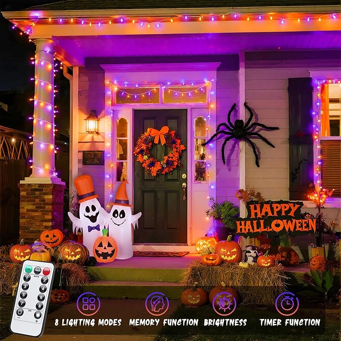 JMEXSUSS 2 Pack Orange Purple Battery Operated Halloween Lights, Each 33ft 100 LED Battery Powered String Lights with Remote Outdoor Indoor