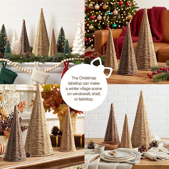 3pcs Natural Woven Christmas Trees Decor, Artificial Christmas Tree Decorations for Home Party Table Village Craft Indoor Outdoor Vintage Christmas Decor(Khaki+Dark Khaki+Natural)