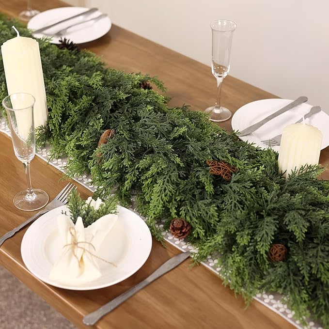 16FT Real Touch Cedar Garland - Artificial Christmas Garland Fake Green Faux Thick and Lush Pine Needles Garlands for Table Fireplace Mantle Holiday Home Indoor Outdoor Decor (1PCS)
