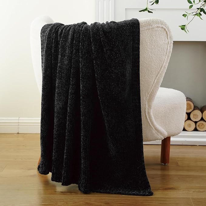 BATTILO HOME Black Throw Blanket for Couch, Woven Chenille Throw Blankets for Bed, Chair, Sofa, Black Knitted Blanket Cozy Soft Blanket, 51"x67"