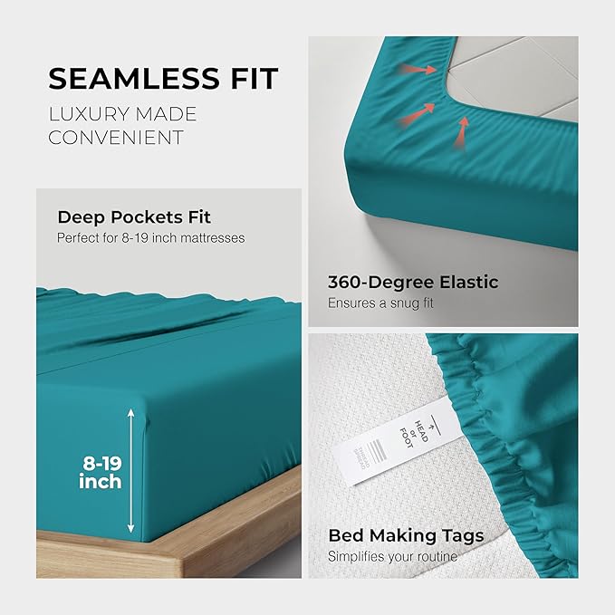 THREAD SPREAD 100% Egyptian Cotton King Size Sheets Set - Luxury 1200 Thread Count Egyptian Cotton Sheets King Size, 17" Deep Pocket, Soft, Cooling Sateen Weave Hotel Quality Bedding Set - Teal