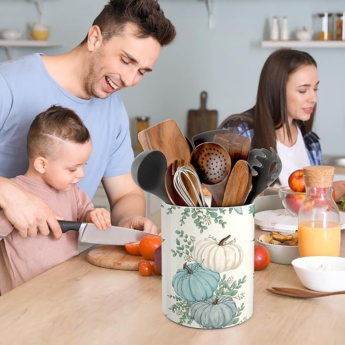 pinata Fall Kitchen Decor Ceramic Utensil Holder, Farmhouse Fall Eucalyptus Blue Pumpkin Utensils Holder, Ceramic Utensils Crock for Rustic Indoor Kitchen Decorations(6.3 Inches)