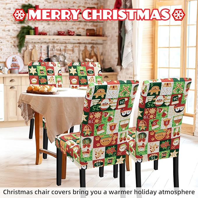 Christmas Chair Covers for Dining Chairs, Dining Room Chair Covers Set of 6, Stretch Parsons Chair Slipcovers, Removable Washable kitchen Chair Cover for Home Hotel Banquet Holiday Decoration