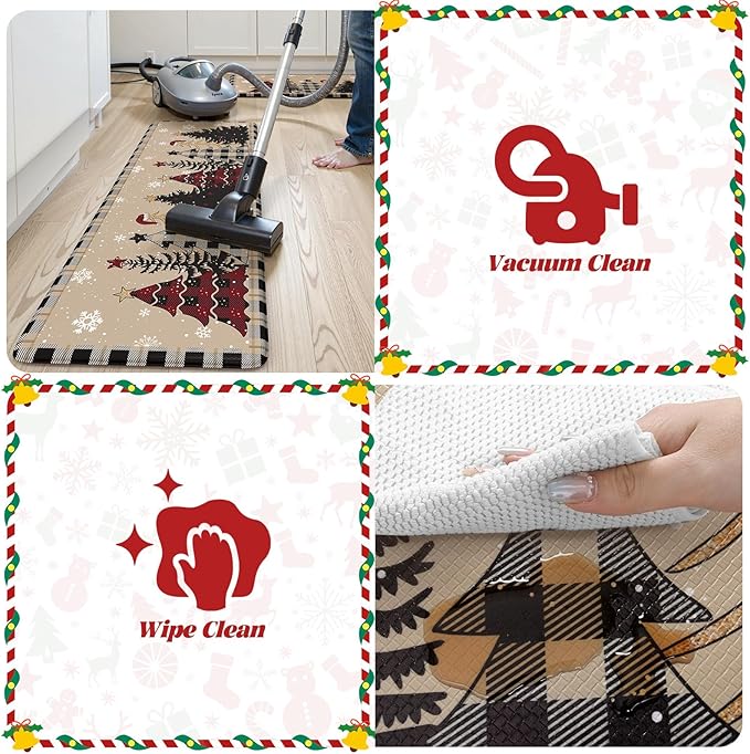Merry Christmas Xmas Tree Kitchen Mats for Floor, Cushioned Anti Fatigue Kitchen Mat Sets of 2 Waterproof Sink Rugs, Buffalo Plaid Non Skid Comfort Standing Rug for Desk Home Decor, Tan/Black