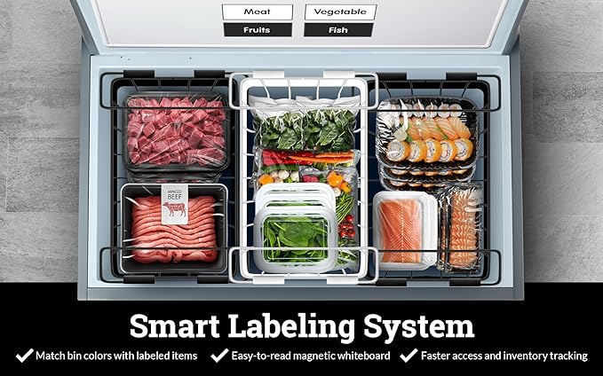 Deep Chest Freezer Organizer Bins – 4-Pack Stackable Chest Freezer Baskets with Dividers, Metal Wire Storage for Frozen Meat, Food – Fits 5–7 Cu Ft Deep Freezer, Kitchen Organization Set, Black, White