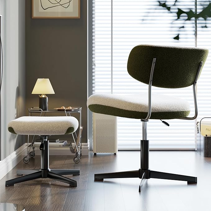 Swivel Criss Cross Chair, Accent Chair with Ottoman Set, Modern Armless Chair with Ergonomic Backrest, Comfy Chair with Boucle Upholstered Seat, No Wheels, White & Green