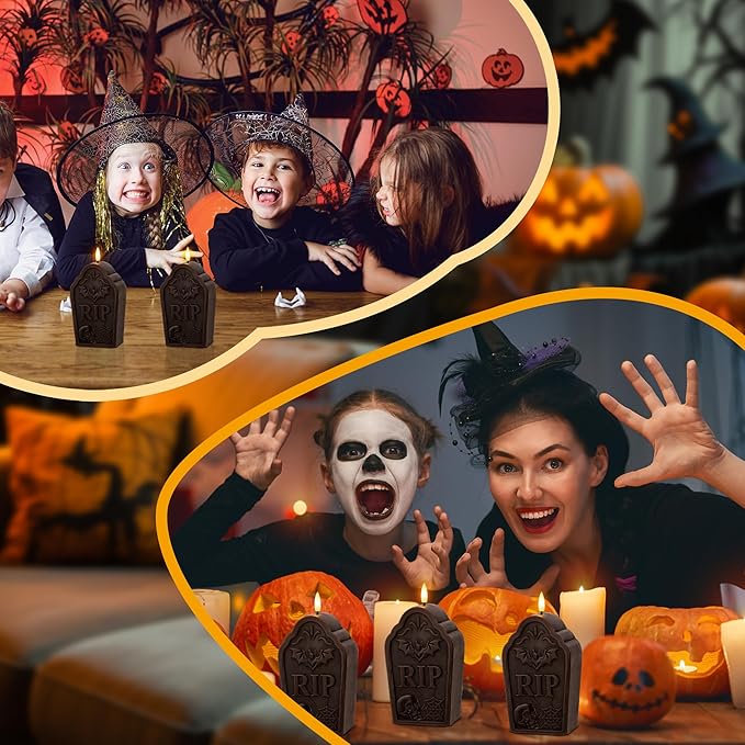 Halloween Flameless Candles with Remote, Real Wax Tombstone LED Candles, Flickering Battery Operated Fake Candle, Halloween Decorations for Table,Fireplace, Home, Party, Festival Decor