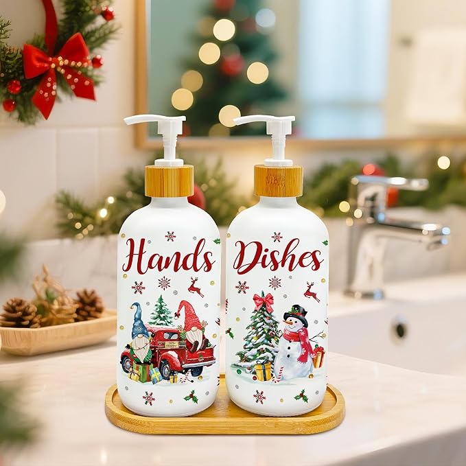 Hexagram Christmas Soap Dispenser Set of 2, Christmas Kitchen Decor, Xmas Gnome Snowman Glass Soap Dispenser for Home Indoor Decorations, Xmas Refillable Lotion Essential Oil Dispensers with Pump