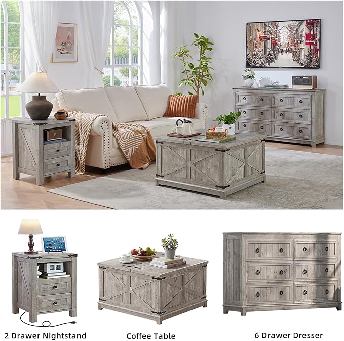 Nightstands Set of 2 with Charging Station, Farmhouse Night Stand with 2 Drawers and Shelf Storage, Wooden Side End Table, Bedside Cabinet for Bedroom, Living Room, Closet,Office (Grey)