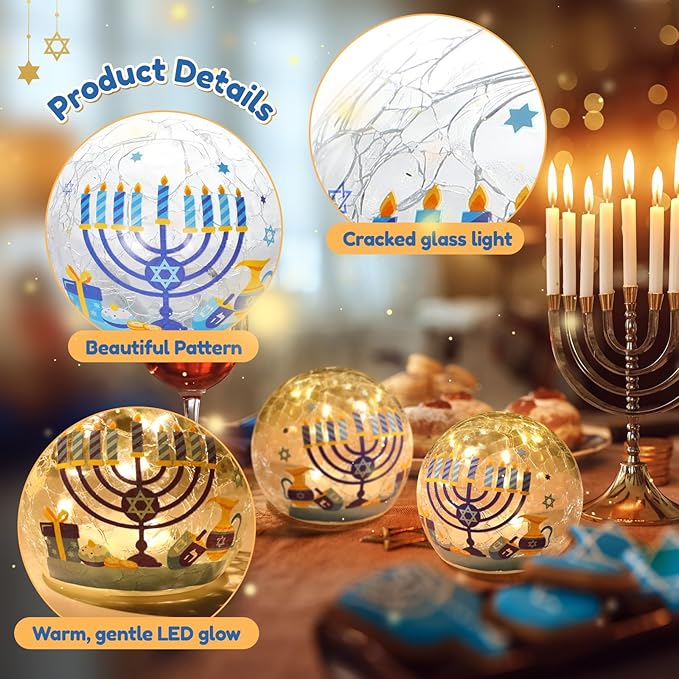 Nefelibata Hanukkah Decorations Chanukah Globe Lights Crackle Glass Ball with LED Lights and Timer Home Table Centerpiece Kitchen Dinner Party Fireplace Decor Battery Operated Lamp Jewish Gifts 2PCS