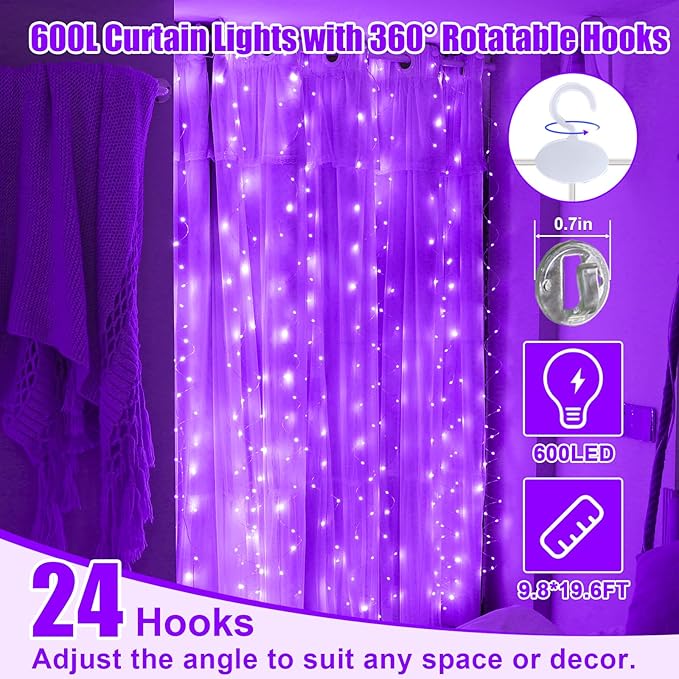 600LED Purple Curtain Lights for Bedroom, 19.6ft x 9.8ft Fairy Curtain String Light with 24 Hooks, 8 Modes Hanging Lights for Wedding, Party, Backdrop, Window, Xmas Decor