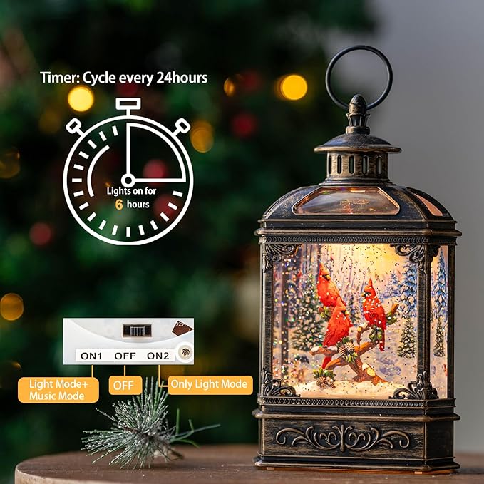 Christmas Snow Globe Lantern 3 Cardinal Perched on a Branch Musical Snow Globe with Swirling Glitter, Christmas Holiday Party Gifts and Decorations