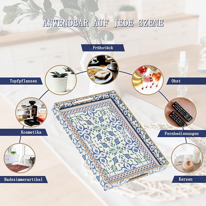 Serving Tray, Boho Plastic Food Trays for Eating on Lap Decorative Coffee Tray with Handles Rectangular Non-Slip Candle Plate, 15.7"x11.8"x1.6" Large Drinks Platter for Kitchen/Living Room/Bedroom