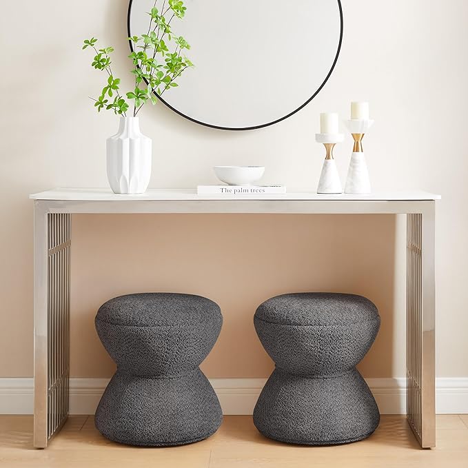 Multi-Functional Boucle Ottoman, Vanity Stool Chair, Sturdy Rotating Wooden Footstool, Suitable for Living Room, Bedroom, and Entryway, Without Installation, Swivel, Dark Grey