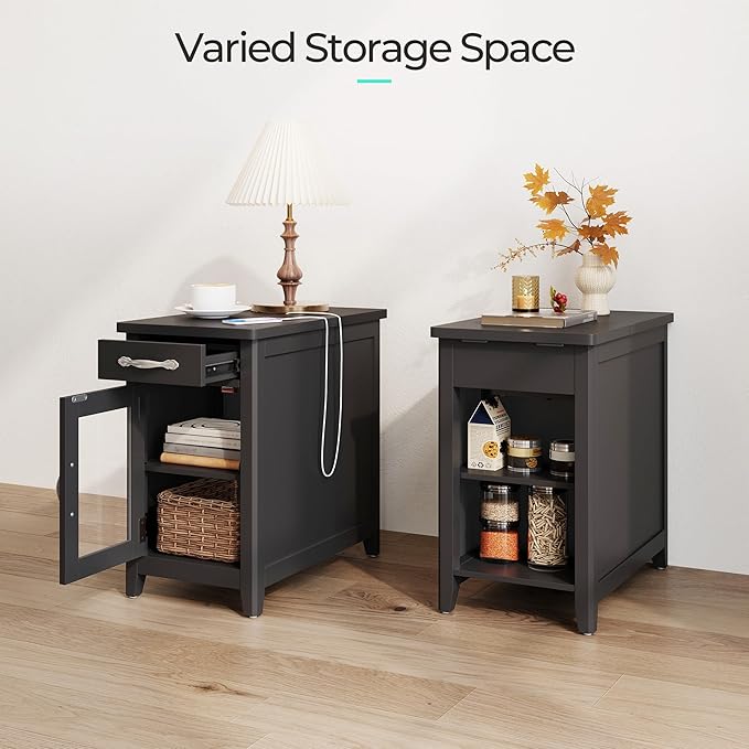 LINSY HOME End Table Set of 2 with Charging Station, Modern Farmhouse Side Table with Drawer, Wooden Narrow Bedside Table for Living Room, Slim Nightstand with Storage Cabinet, Black, Glass Door