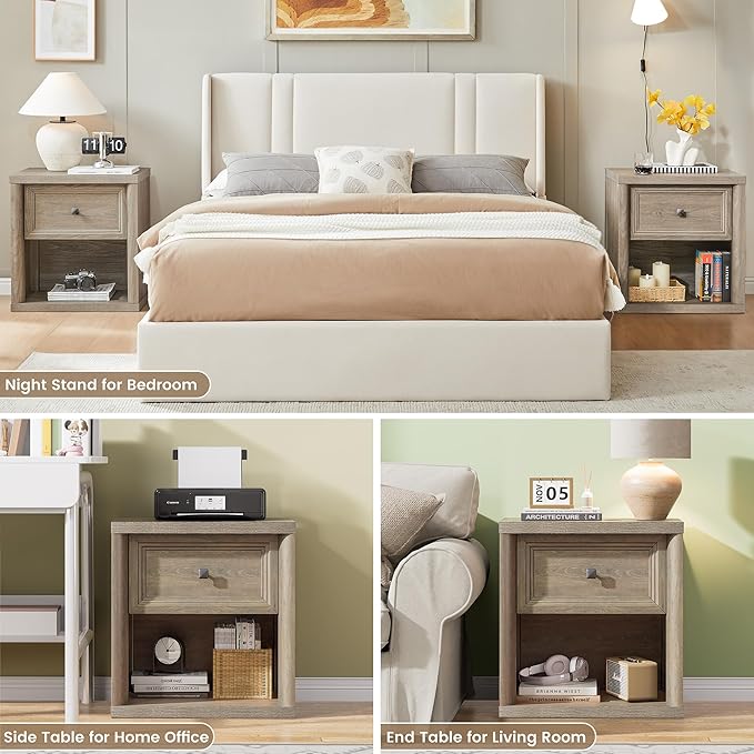 Farmhouse Night Stand Set of 2, Grey Nightstands with Drawer Storage, Wood Large Side Tables End Table, 22.6" Wide Bedside Tables Night Stands for Bedroom Room Sofa Couch Office