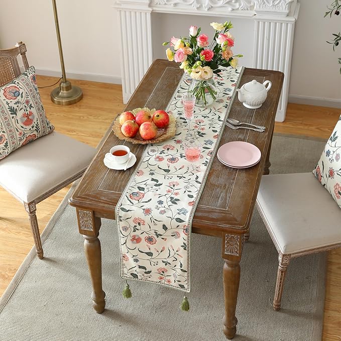 ISAENNE Designer Chinoiserie Elegant Linen Floral Extra Long Table Runner 118 Inches,White Wrinkle Resistant Table Runners for Dining Tables,Thanksgiving,Kitchen Tables,Christmas,12"*118"-Daffy A