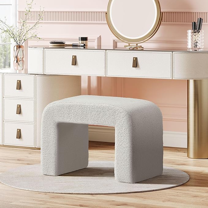 Tribesigns Vanity Stool Chair, Modern Boucle Ottoman Foot Rest for Couch, Large Foot Stool Ottoman, Extra Seating for Living Room, Arched Makeup Stool for Vanity, Fully Assembled, Light Gray, 2 Packs