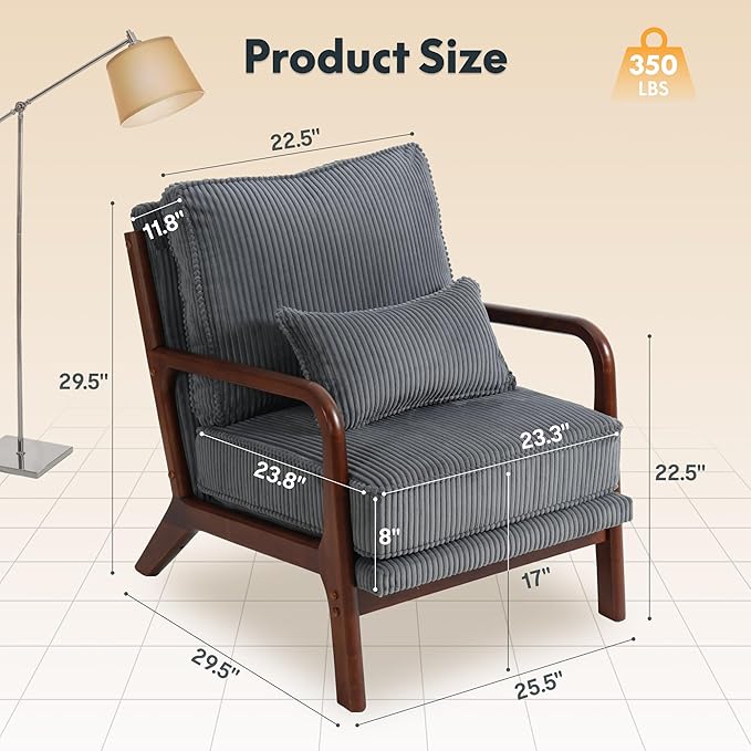 FLEXISPOT AC1 Mid Century Modern Accent Chairs Set of 2, Corduroy Upholstered Armchairs with Wood Frame, Thick Backrest & Lumbar Pillow, Comfy Reading Chairs for Living Room, Bedroom, Balcony (Grey)