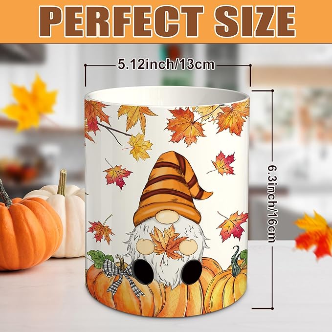 pinata Fall Kitchen Decor Ceramic Utensil Holder, Farmhouse Fall Gnome Pumpkin Utensils Holder, Ceramic Utensils Crock for Rustic Indoor Kitchen Decorations(6.3 Inches)