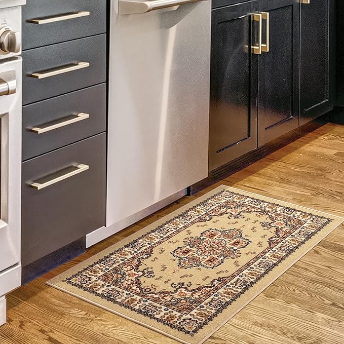 Antep Rugs Alfombras Oriental Traditional 2x4 Non-Skid (Non-Slip) Low Profile Pile Rubber Backing Kitchen Area Rugs (Beige, 2'3" x 4')