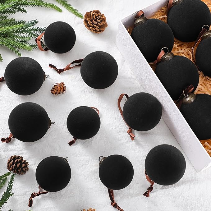 36 Pcs Velvet Christmas Balls Bulk - Flocked Christmas Tree Ball Ornaments Hanging Decoration for Xmas Tree, Wreath, Home or Party Decorations, 2.36", 2.76", 3.15"(Black)