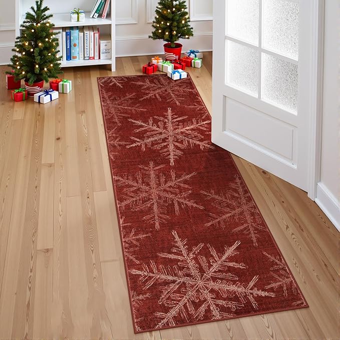 Lahome Snowflake Christmas Runner Rug, 2x6 Red Christmas Rug Runner Soft Non Slip Kitchen Runner Rugs with Rubber Backing Holiday Decor Carpet Runners for Hallways Bedroom Laundry(2x6ft,Red)