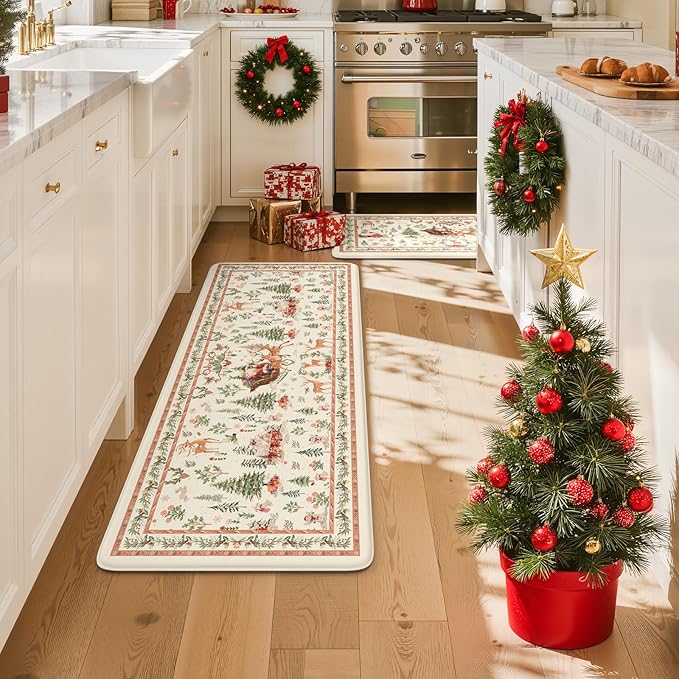 Collive Christmas Snowman Kitchen Floor Mats, Winter Xmas Tree Cushioned Anti Fatigue Kitchen Rugs 2 Piece Waterproof Elk Sled Sink Mat, Non Slip Foam Comfort Standing Desk Rug for Home Decor, Beige